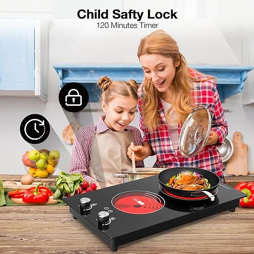 Miniatura 2 de VBGK Cocina eléctrica de 2 quemadores, 3000 W integrada y encimera con 9 niveles de calefacción, temporizador y bloqueo de seguridad para niños,