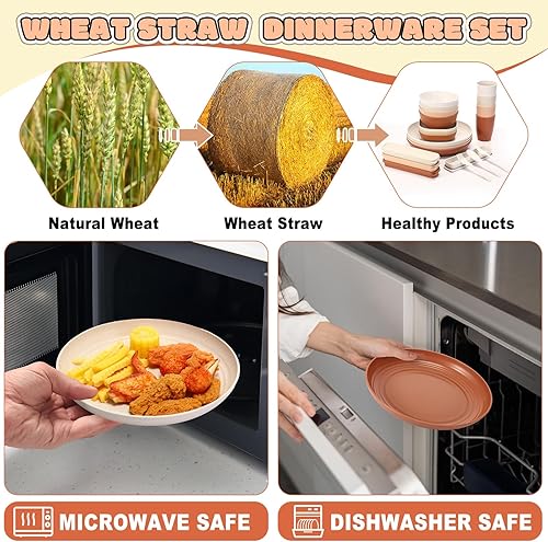 Miniatura 4 de Juego de vajilla de paja de trigo, platos y cuencos irrompibles aptos para microondas, cuchillos ligeros, tenedores, cucharas para cocina,
