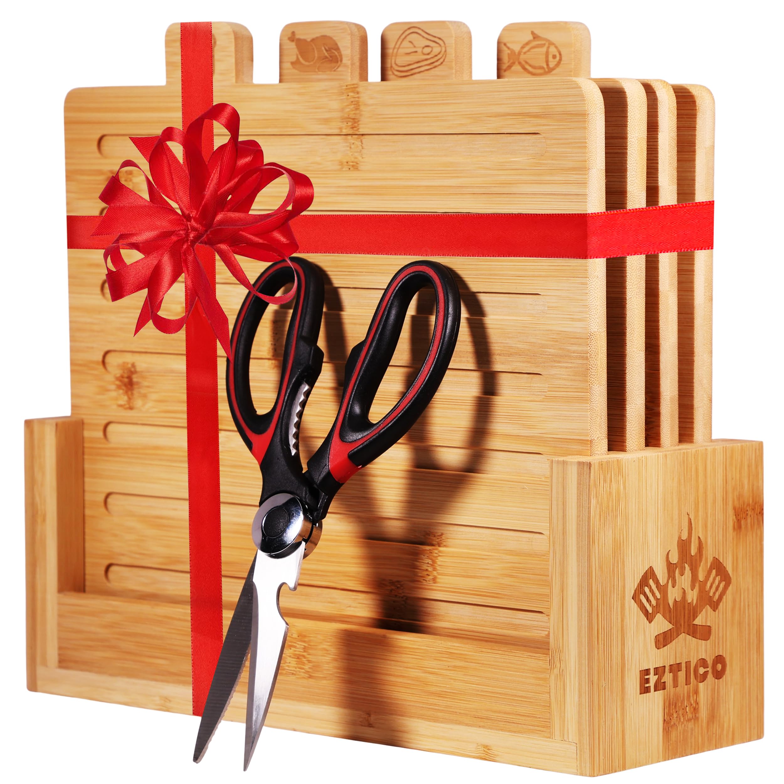 Juego de tablas de cortar de bambú de 4 piezas y tijeras de primera calidad, charcutería y tablas de cortar de madera perfectas, ranura ideal para jugos, sin BPA, artículos de cocina y