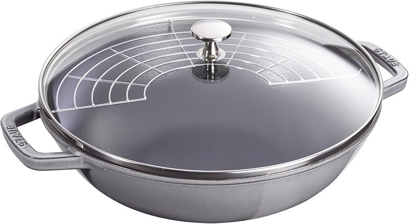 Staub Cast Iron Perfect Pan, Wok, Dutch Oven, 4.5-quart, serves 4-5, Made in France, Graphite Gray, Made in France