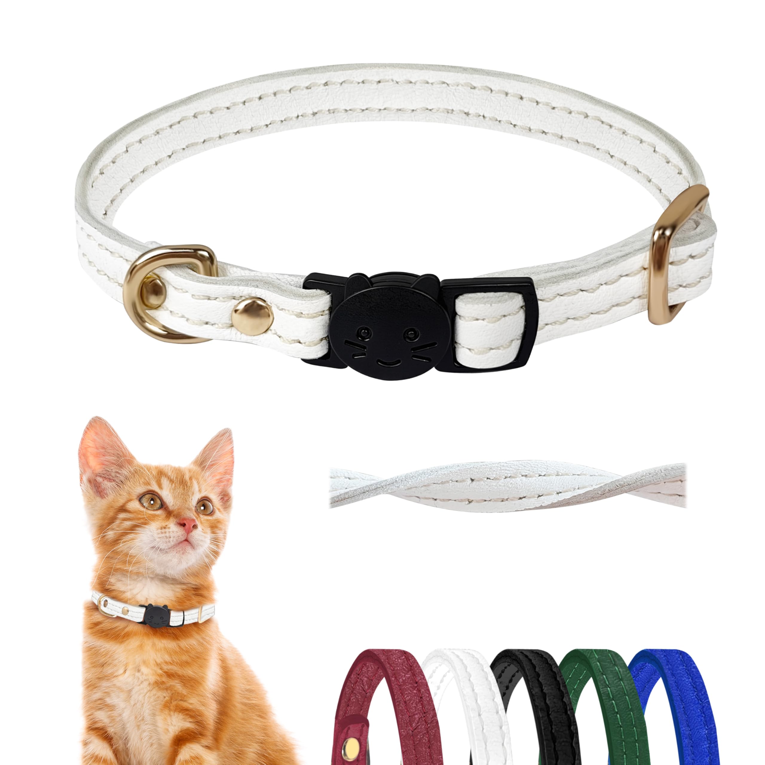 Collar Gato Cierre Seguridad - Piel Auténtica - con Hebilla y Anillo en D de Metal - Liberación Rápida - Resistente, Ajustable y Antirestrangulamiento - para Animales Pequeños (Blanco, 19-28 cm)