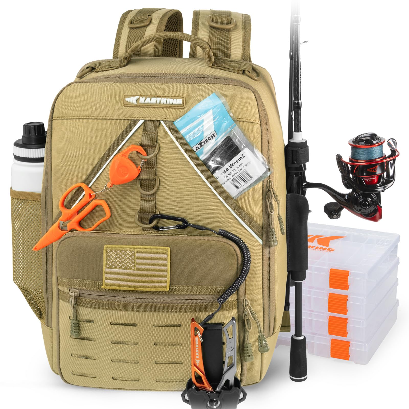KastKing KarryAll Fishing Backpack with Rod Holder 4 Tackle Boxes, 40/26L