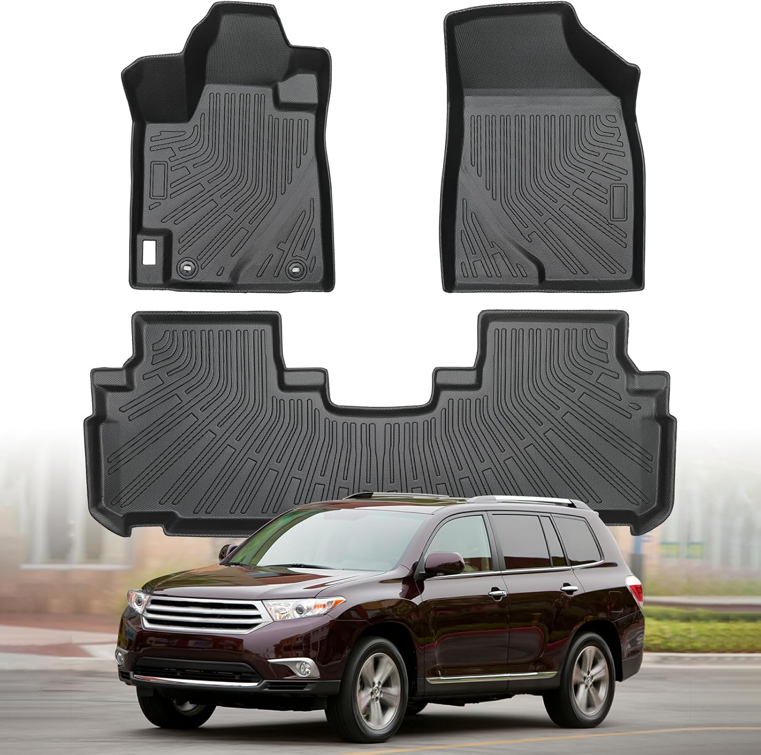 Floor Mats for Toyota Highlander 2008-2013 Non Hybrid, All Weather TPE Floor Liners, 3D Waterproof Custom Fit Car Accessories, 1st & 2nd & 3rd Row & Trunk Mat, Anti-Slip Mat Full Set