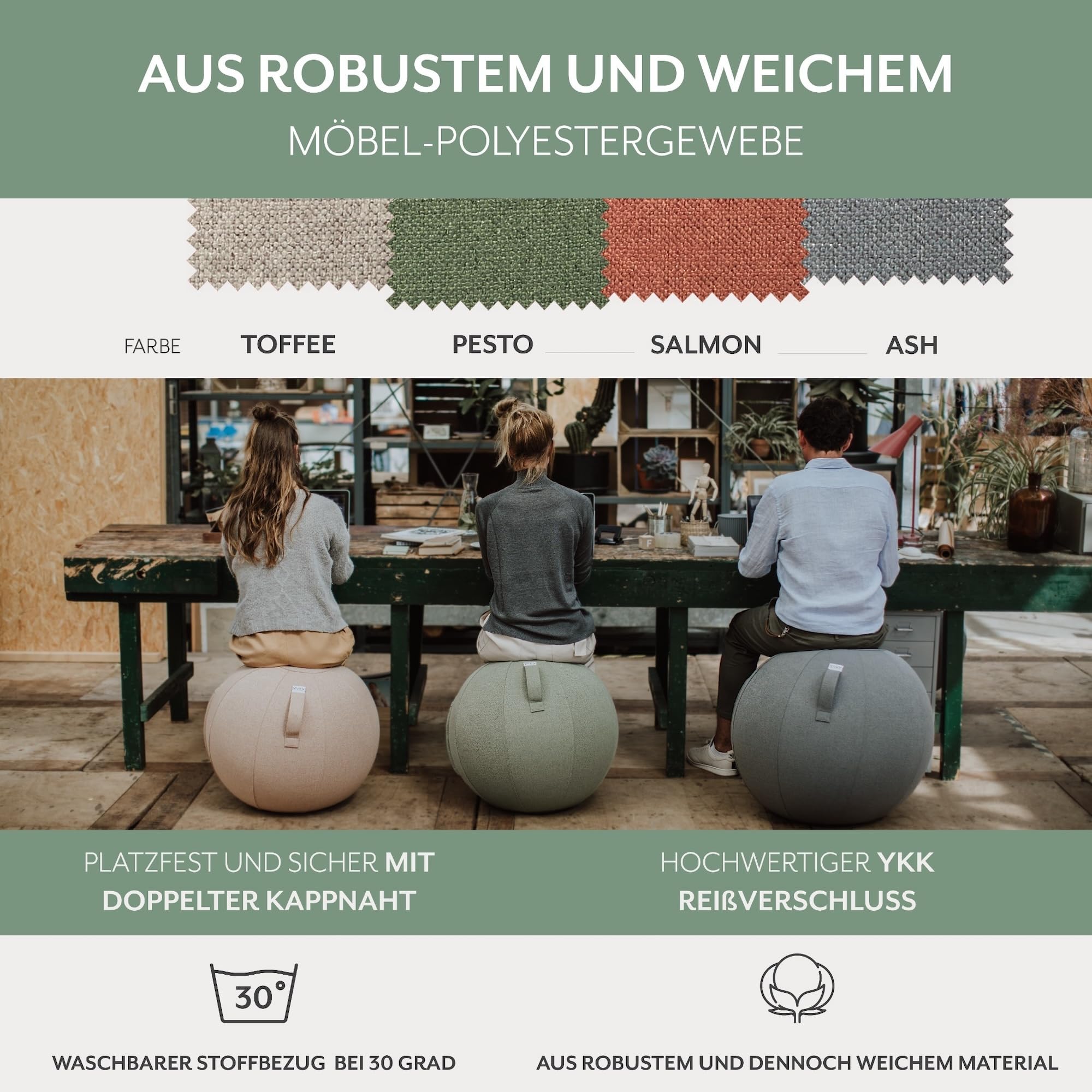 VLUV® BOL SOVA Sitzball Büro ergonomisch - Gymnastikball mit waschbarem Stoffbezug, atmungsaktiv, Tragegriff und Wegrollschutz - für Schwangerschaft und Home Office - Beige - 60cm bis 65cm