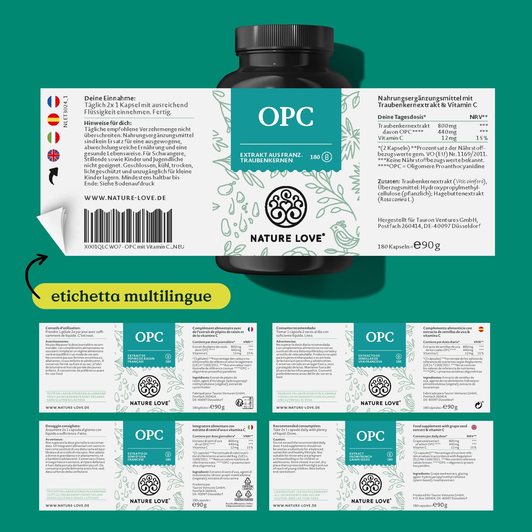NATURE LOVE® OPC Estratto di semi d'uva - 180 capsule - alto dosaggio con 800mg di estratto/dose giornaliera - uva francese - vitamina C naturale - testato in laboratorio, vegano, prodotto in Germania