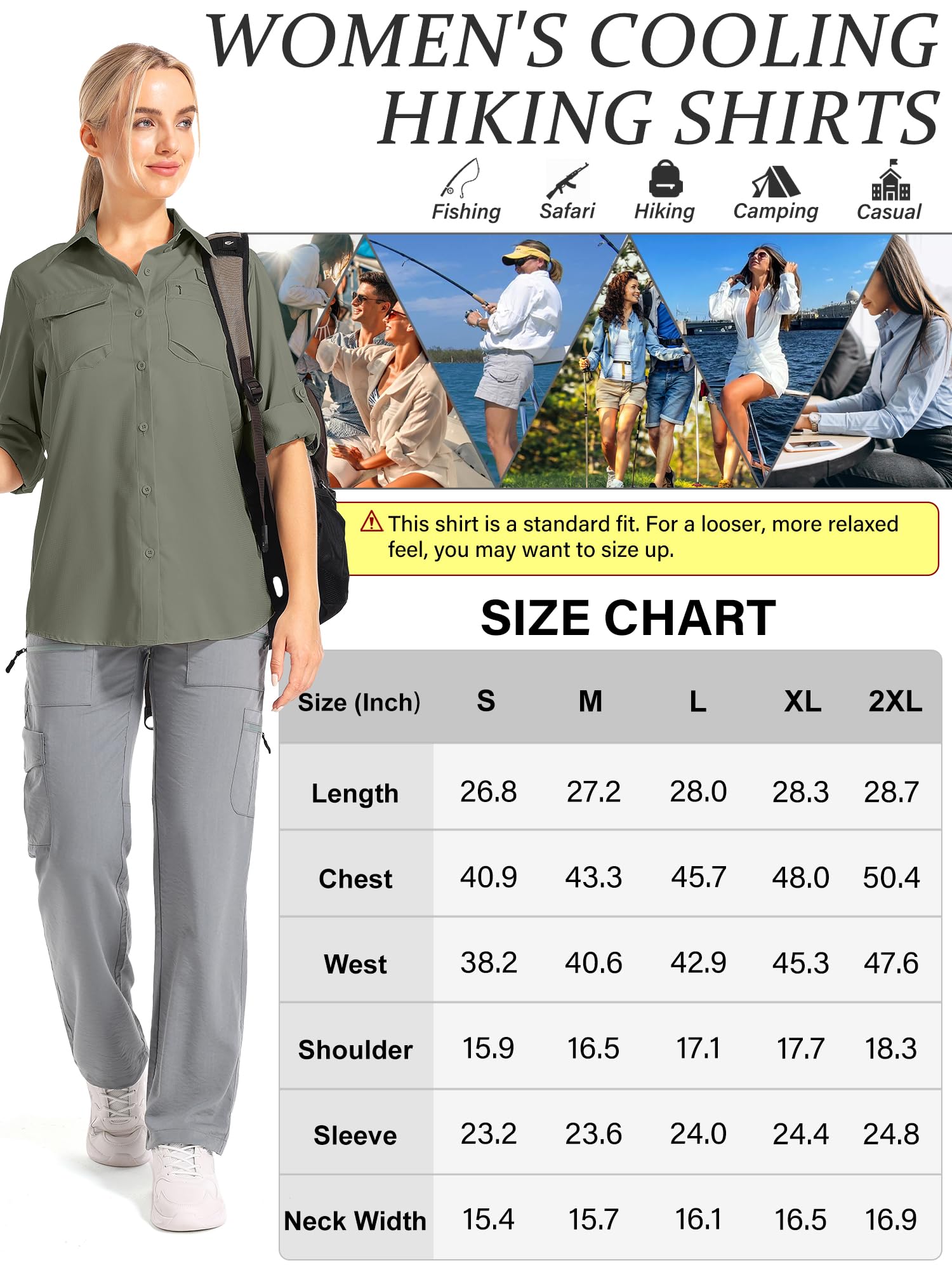 Camicia safari da donna UPF 50 con protezione solare UV ad asciugatura rapida, a maniche lunghe, per escursionismo, passeggiate, pesca, viaggi all'aperto