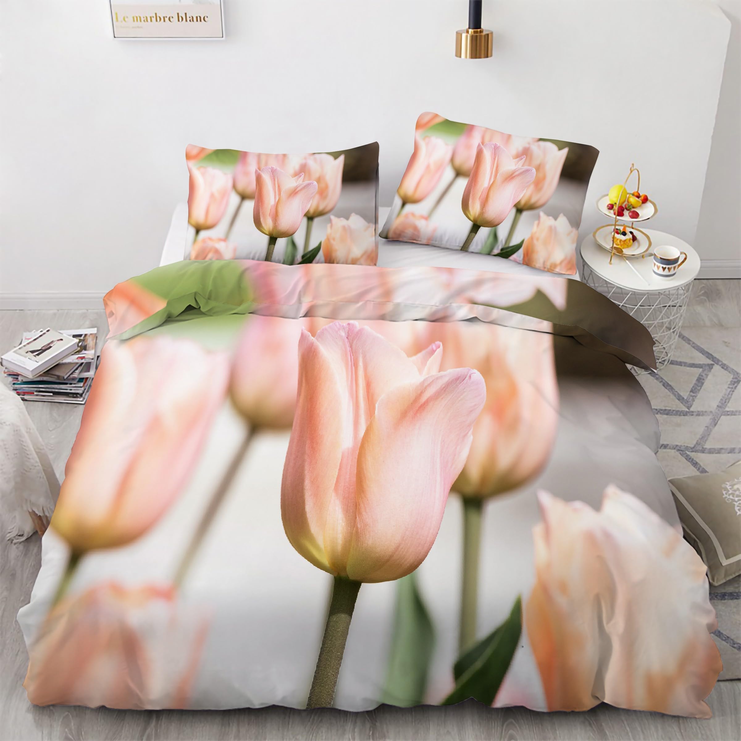 Housse de couette 160x200 fleurs en microfibre anti-plis avec fermeture éclair pour lit double