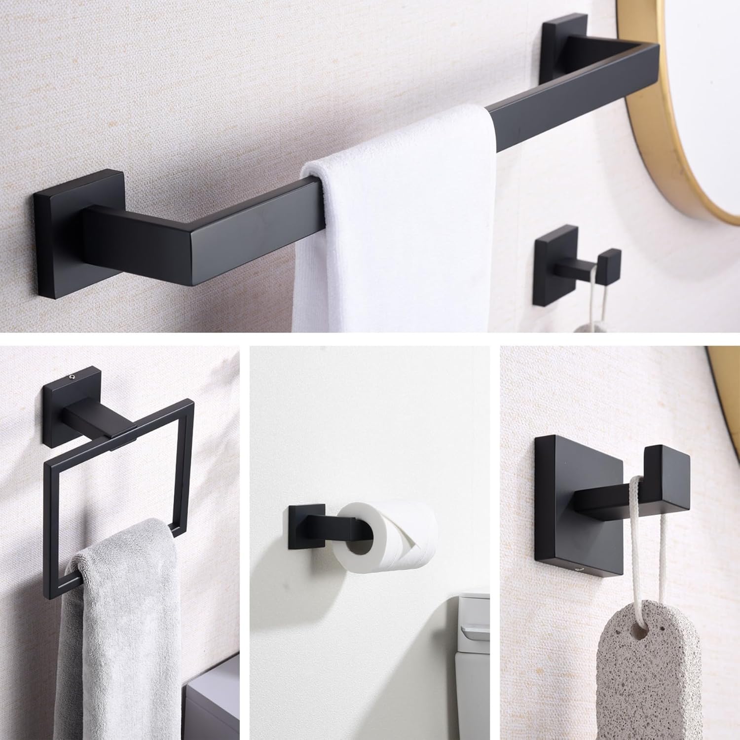 Bathroom Hardware Set Matte Black,16-inch Towel Rack 304 Stainless Steel 5-Piece Bathroom Accessories Kit Wall Mounted Include Towel Ring,Toilet Paper Holder,Robe Hook