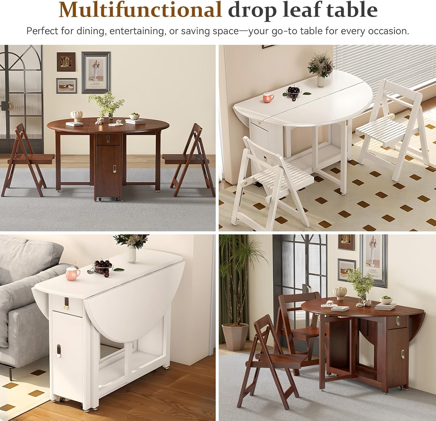 47.3" Round Drop Leaf Tables for Small Spaces, Solid Wood Folding Dining Table with Wheels, Storage Shelf, Fits 4-8 Seats