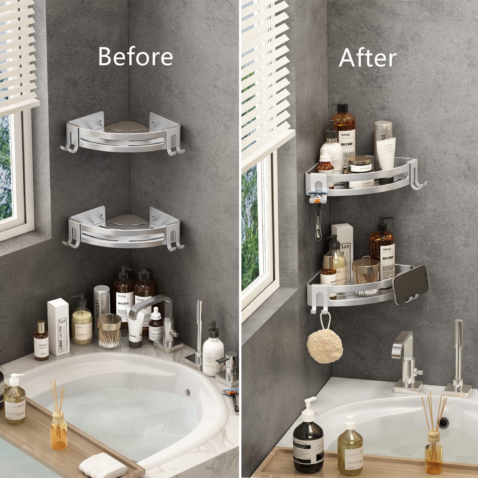 GERUIKE Douche Plank, Roestvrije Douche Hoek Plank, Grijze Hoek Douche Caddy, Bad Douche Organiser, Mand Planken, Geen Boor Lijm, Aluminium, Wandmontage, 2 Packs