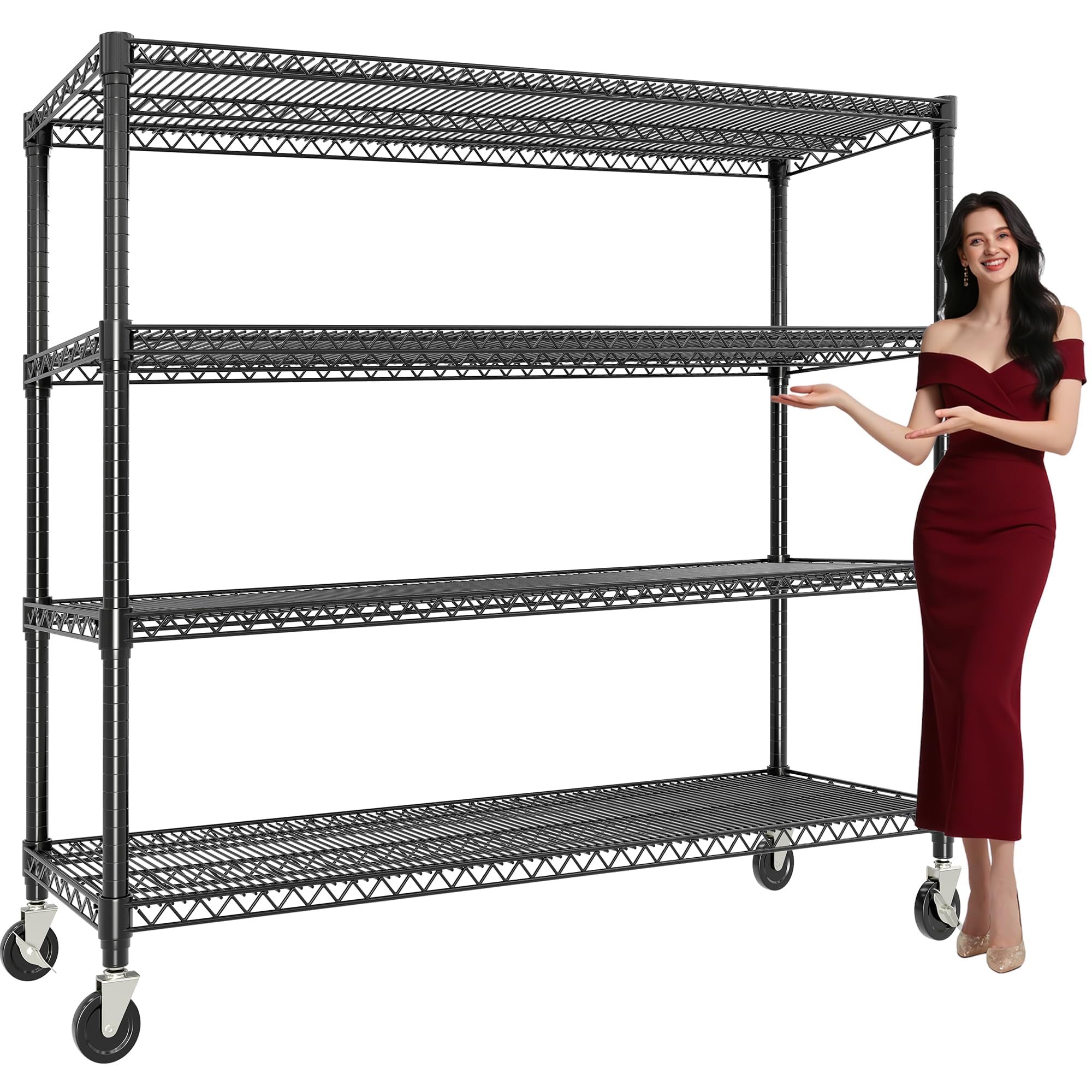 Étagère Métallique 4 Niveaux à roulettes freinables | Hauteur réglable, Charge 1200 kg, 150 x 45 x 185 cm
