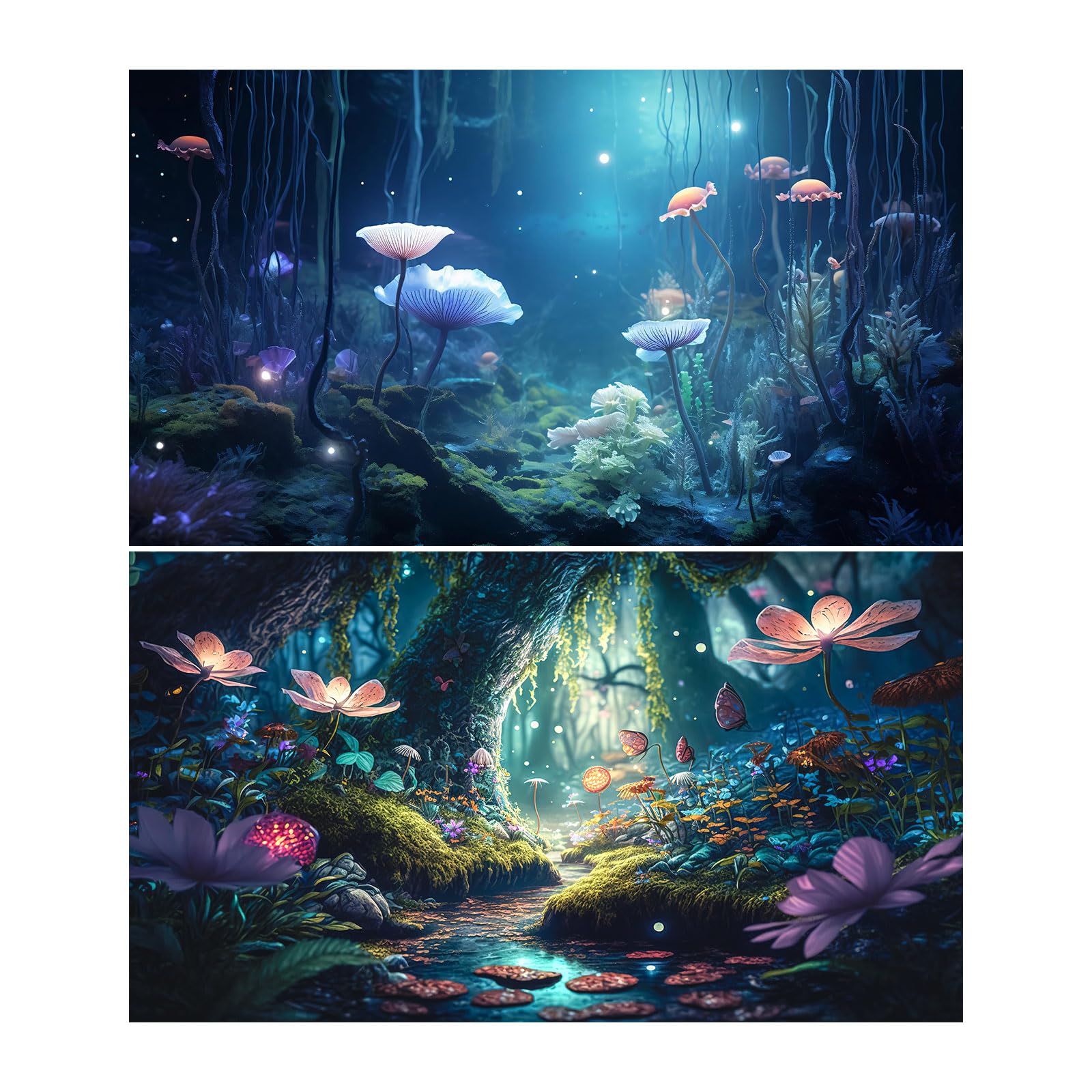 2 Packs Surreal Undersea Fantasy Garden Aquarium Background Colorful Glitter Floral Flowers Tranquil Lake Stream Fish Tank Background Blue Dreamy Jungle Rainforest Reptile Tank Backgrounds 48x24in