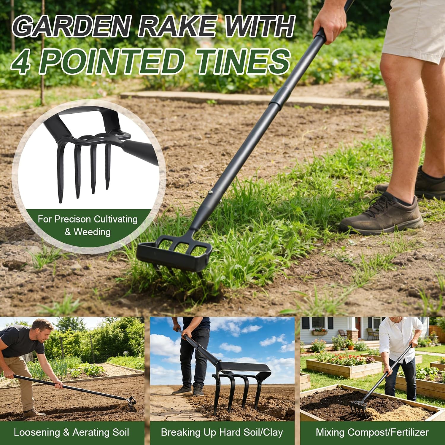Hoe Garden Tool for Weeding 2-in-1 Heavy Duty Metal Stirrup Hoe 4 Tines Prong Weed Hoe with 32-62 inch Long Adjustable Handle for Women Kids Men