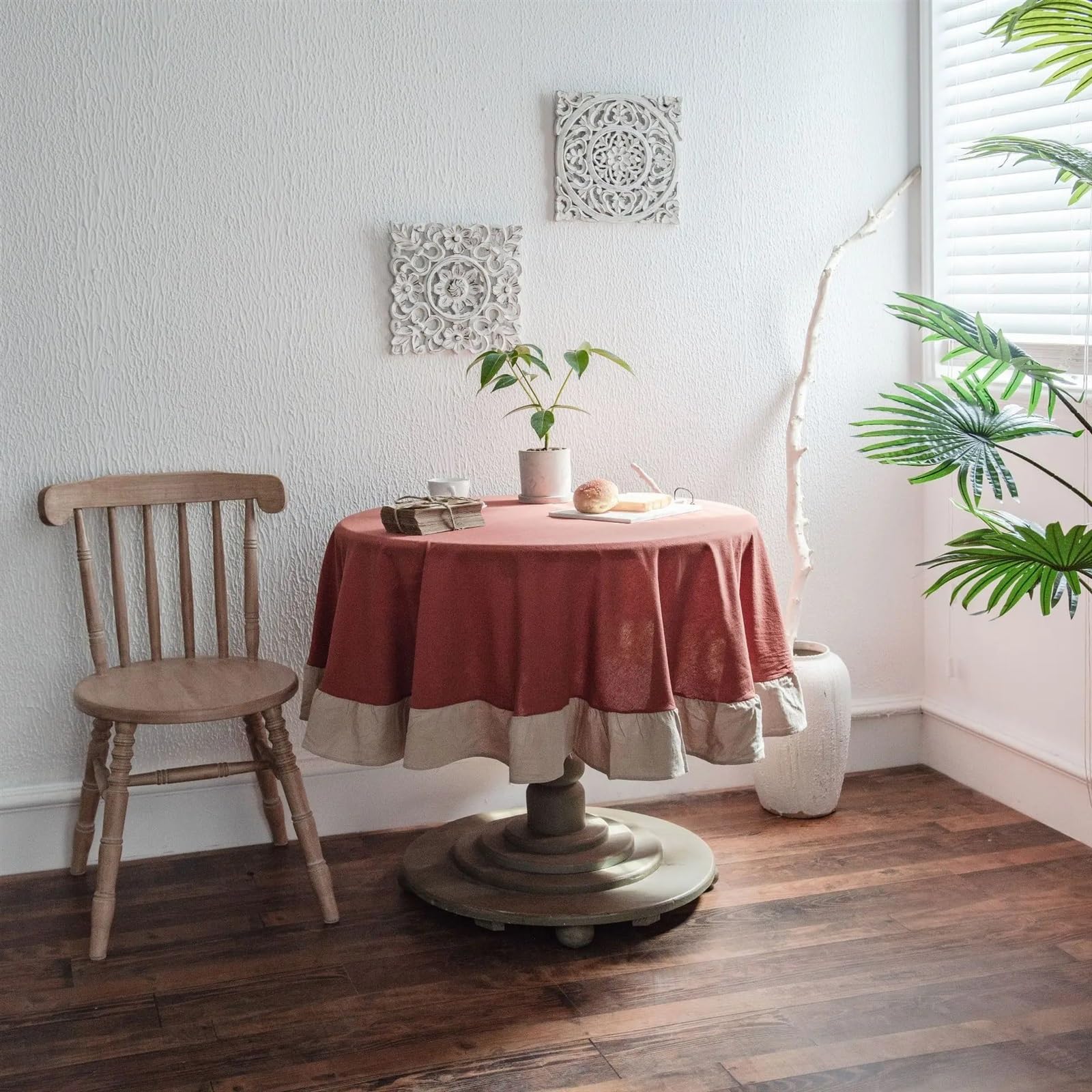 Vintage potargany obrus zmywalny obrus stół w formie bufetu impreza i dekoracyjny obrus kempingowy(Rust beige flounces,DIA 150cm)