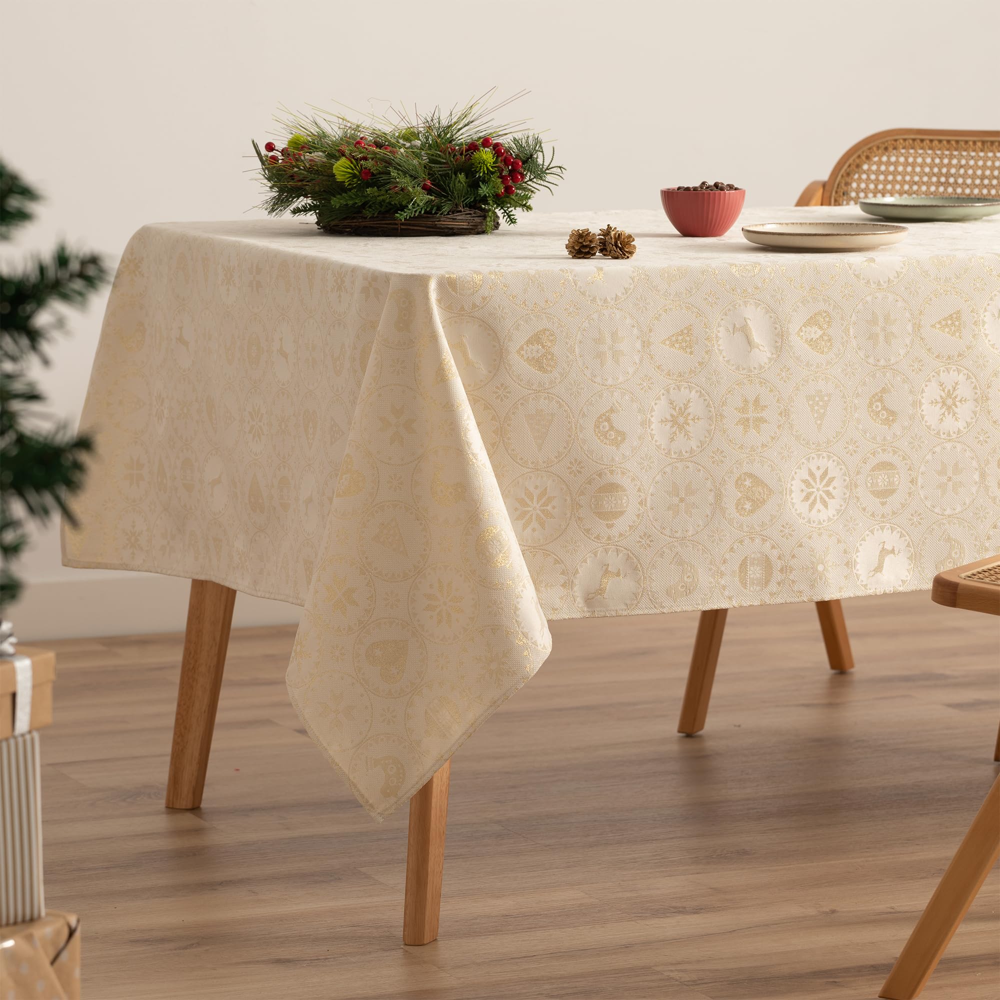 GAMUSI Mantel Navidad Jacquard Hilo Dorado Mesa Comedor Rectangular Decoración Navideña 140x200 cm Color Crudo