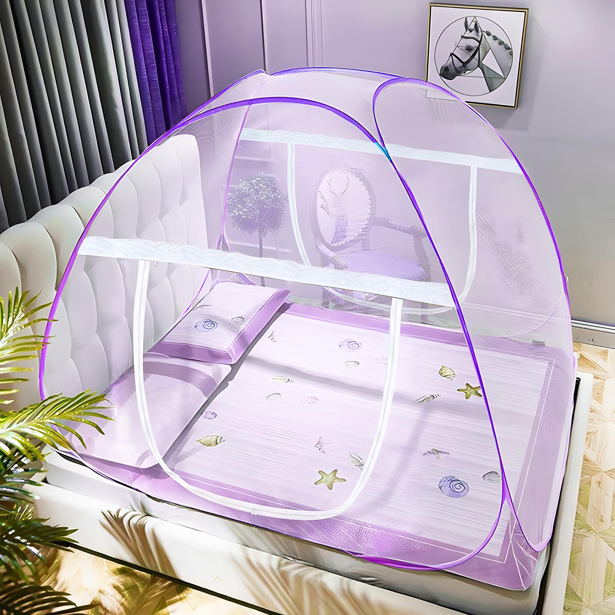 Pintor Mosquito Net Tent for Double Bed | Foldable Pop-Up Machardani | King Size 360° Protection | Breathable Mesh, Dual Zipper, Portable for Home, Camping & Travel (200 x 180 x 150 cm, Lavender)