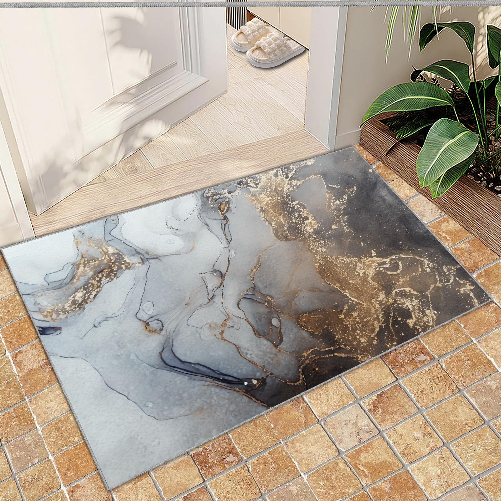 QDJKBL Entrance Rug 60 X 120 Cm Luxury Gray Gold Abstract Marble, Modern Gilded Fluid Art Graffiti Doormats, Entrance Carpet Non-Shedding for Foyer