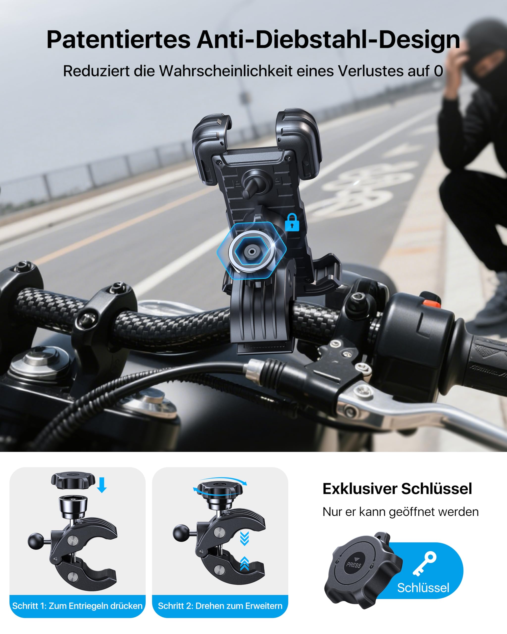 Alu Motorrad Handyhalterung Mit 15W Wireless & 20W USB-C Ladung