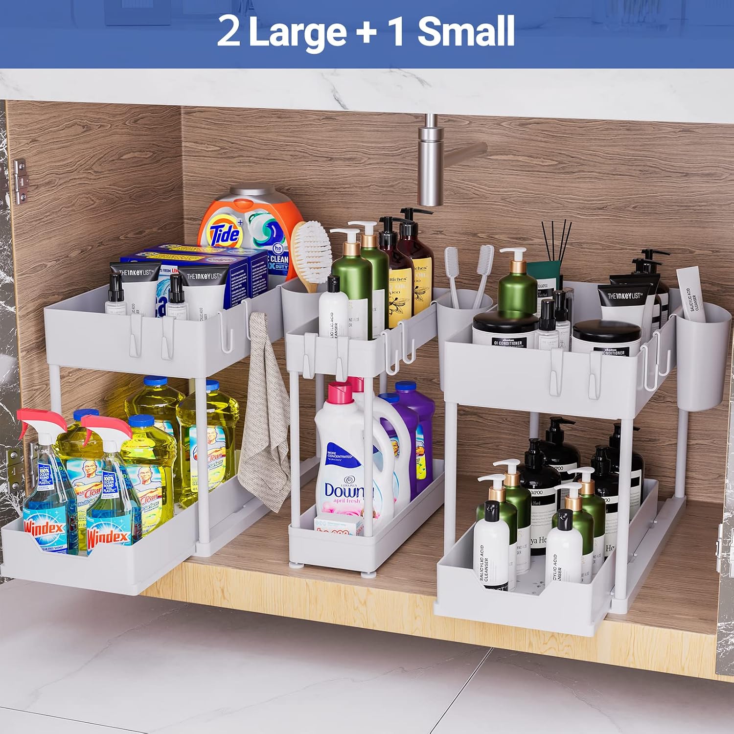 3 Pack Puricon Under Sink Organizer Pull Out Under Sink Storage, 2 Tier Multi-Purpose Sliding Under the Sink Organizer Bathroom Kitchen Sink Organizer Under Cabinet Shelf for Cleaning Supplies -White