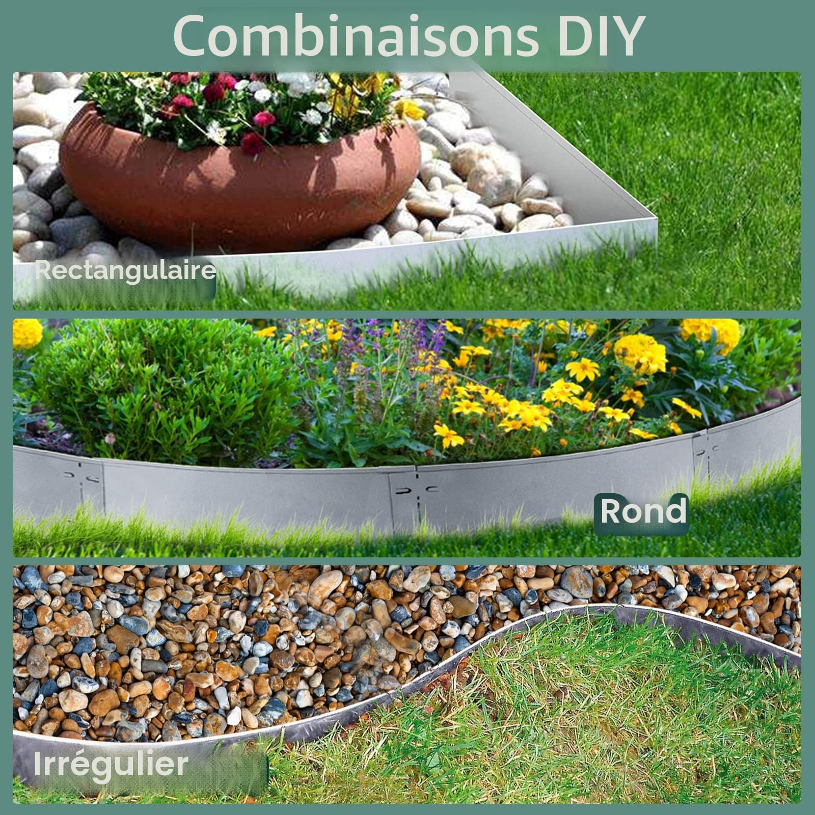 Sonnewelt Bordure de pelouse en métal galvanisé - Bordures de Jardin-5 m, 10 m, 15 m, 20 m, 25 m, 30 m, 35 m, 40 m, 45 m, 50 m, Argent (Longueur 40 m - Hauteur 15 cm)