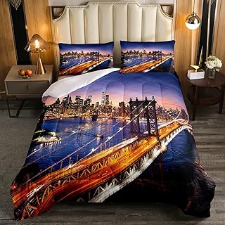 Erosebridal New York City Comforter Set City Landscape Duvet Insert Twin Size,Manhattan Skyline Bedding Set Bridge Sunset Scenery Quilted Duvet City Lights Bedroom Decor for Child Kids Teens