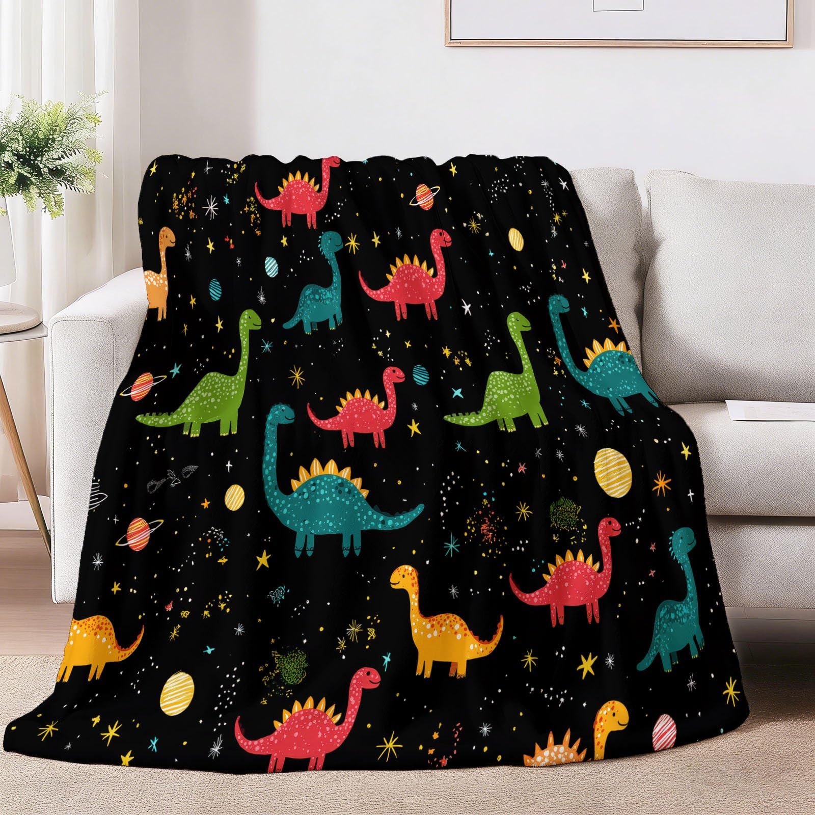 Cartoon Weltraum Kuscheldecke Dinosaurier Sterne Planeten Decke Tagesdecke Wohndecke Schwarz, Couchdecke Weich Warm Flauschig, Sofa Decke für Reisen Zelten Outdoor, 150 x 200 cm