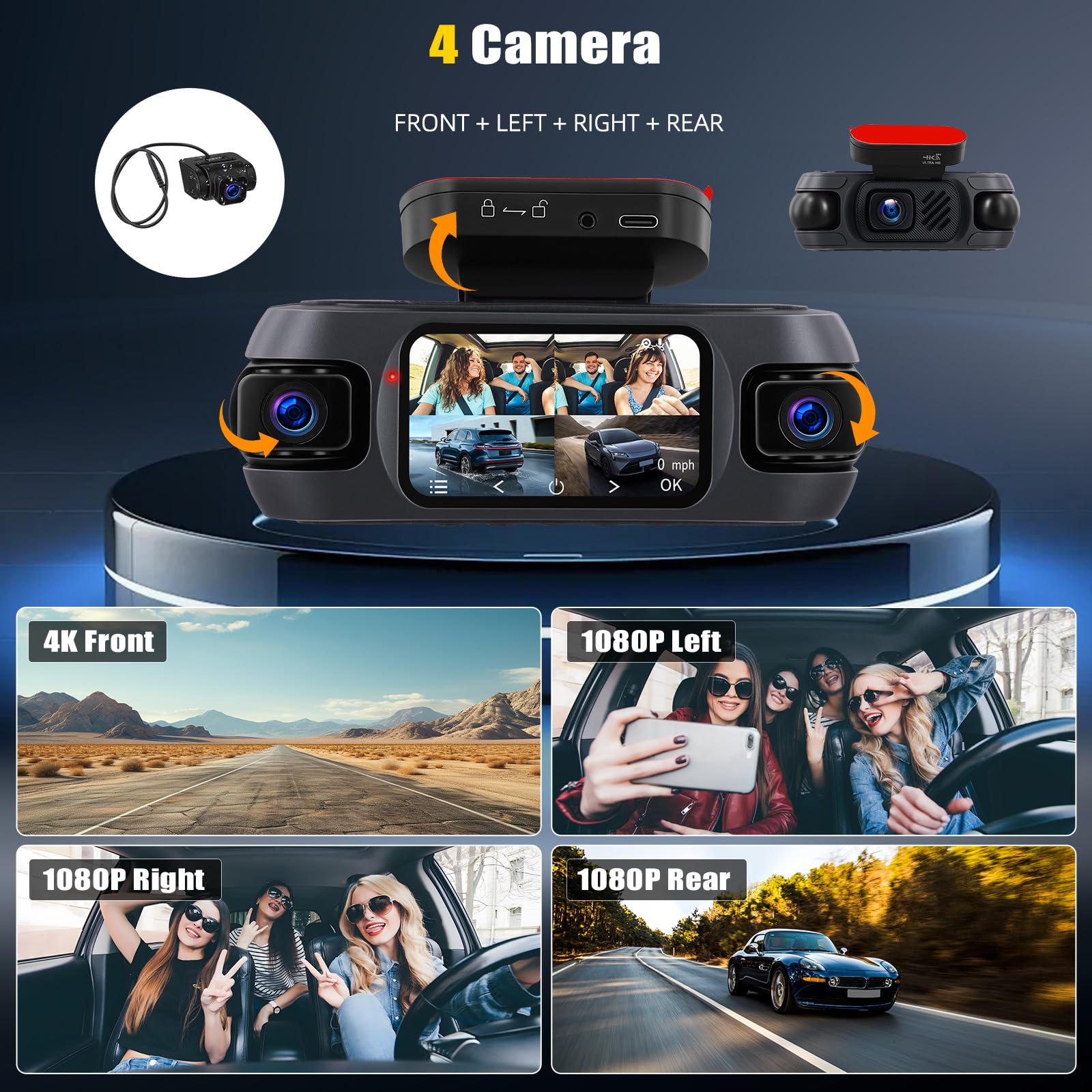 4K 360° Dash Cam Auto con GPS, Videocamera per Auto con Grandangolo 150°, Visione Notturna Super, Monitoraggio del Parcheggio, Sensore G, Registrazione in Loop, APP, Assistenza alla Retromarcia