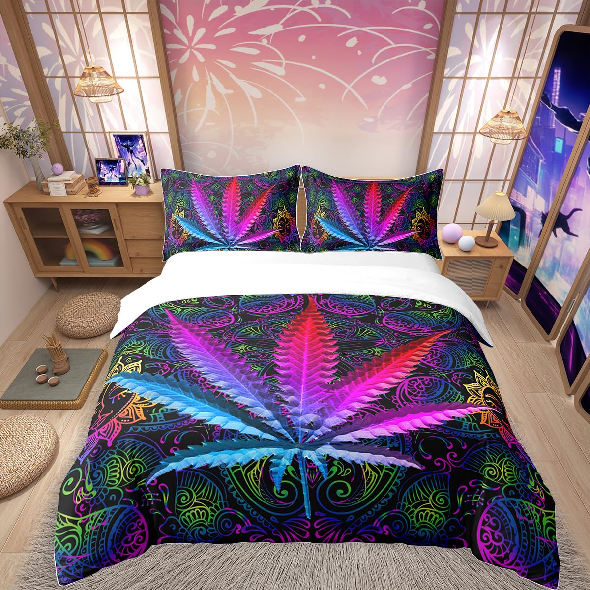 Loussiesd Boho Mandala Bedding Set for Girls Boys Teens Marijuana Weed Comforter Cover Cannabis Leaves Duvet Cover Vibrant Bohemian Exotic Floral Decor Junior/Cot Bed Size Bedding Collection 2Pcs — image 1