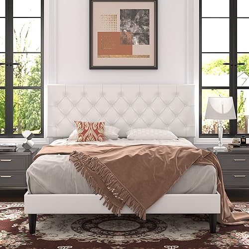 Miniatura 4 de Allewie Base de cama matrimonial con cabecera ajustable con botones cosidos de diamante, tapizada de piel sintética con listones de madera de fácil