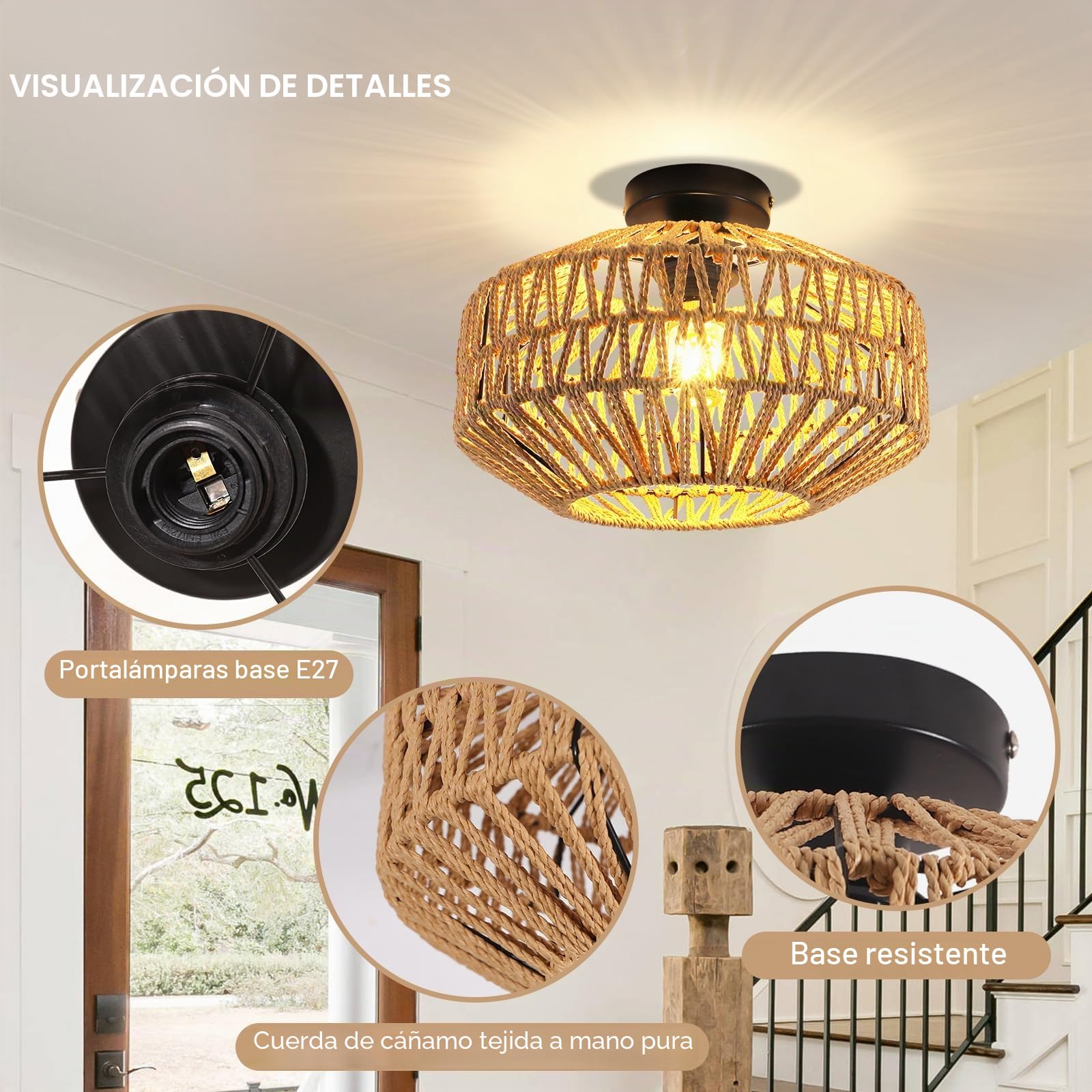 Toolight Lámpara de Techo Vintage E27, Lámpara de Araña Tejida de Bambú Max 60W Ø30cm, Lámpara Colgante Bohemia Tejida a Mano para Salón Dormitorio Cocina Pasillo