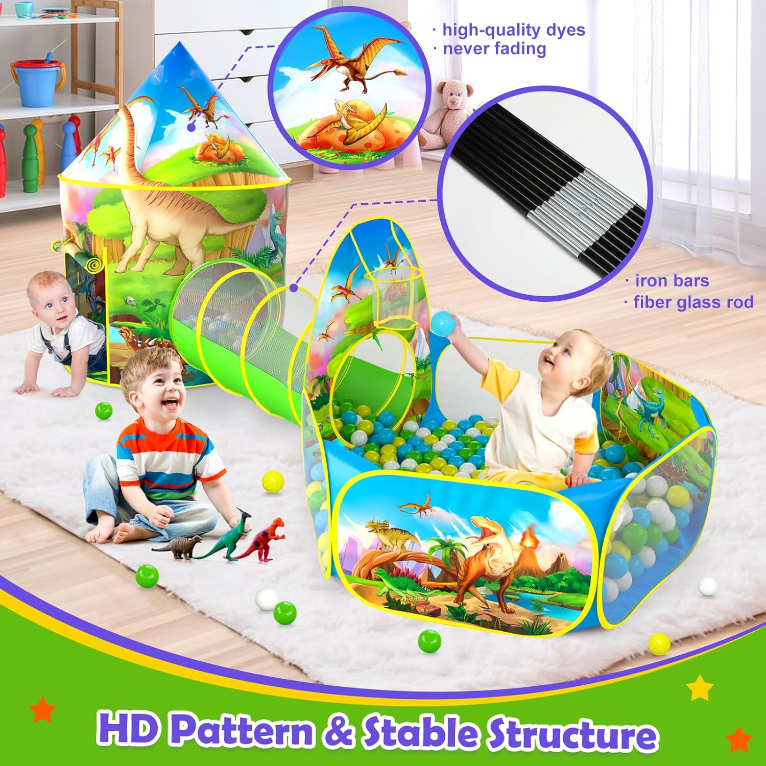 PigPigPen 3pc Dinosaur Play Tent for Kids, Baby Ball Pit, Crawl Tunnel, Castle Tents for Toddlers, Children Indoor & Outdoor Playhouse Toys, Perfect Kid’s Gifts