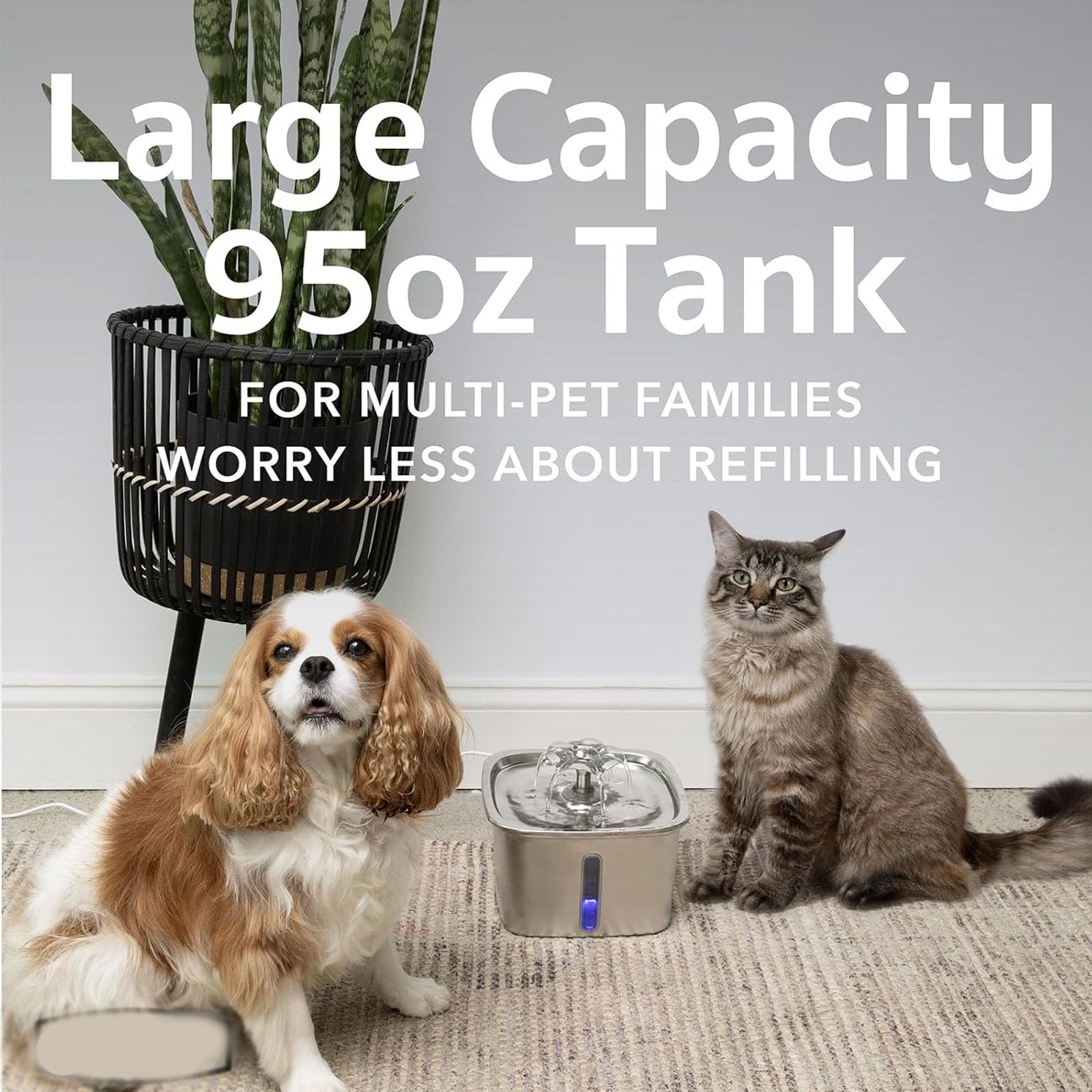 Fontana per Gatti in Acciaio Inox, 2,6 L, Distributore Automatico di Acqua per Animali Domestici E Cani con Filtri di Ricambio E Tappetino in Silicone per Gatti E Cani