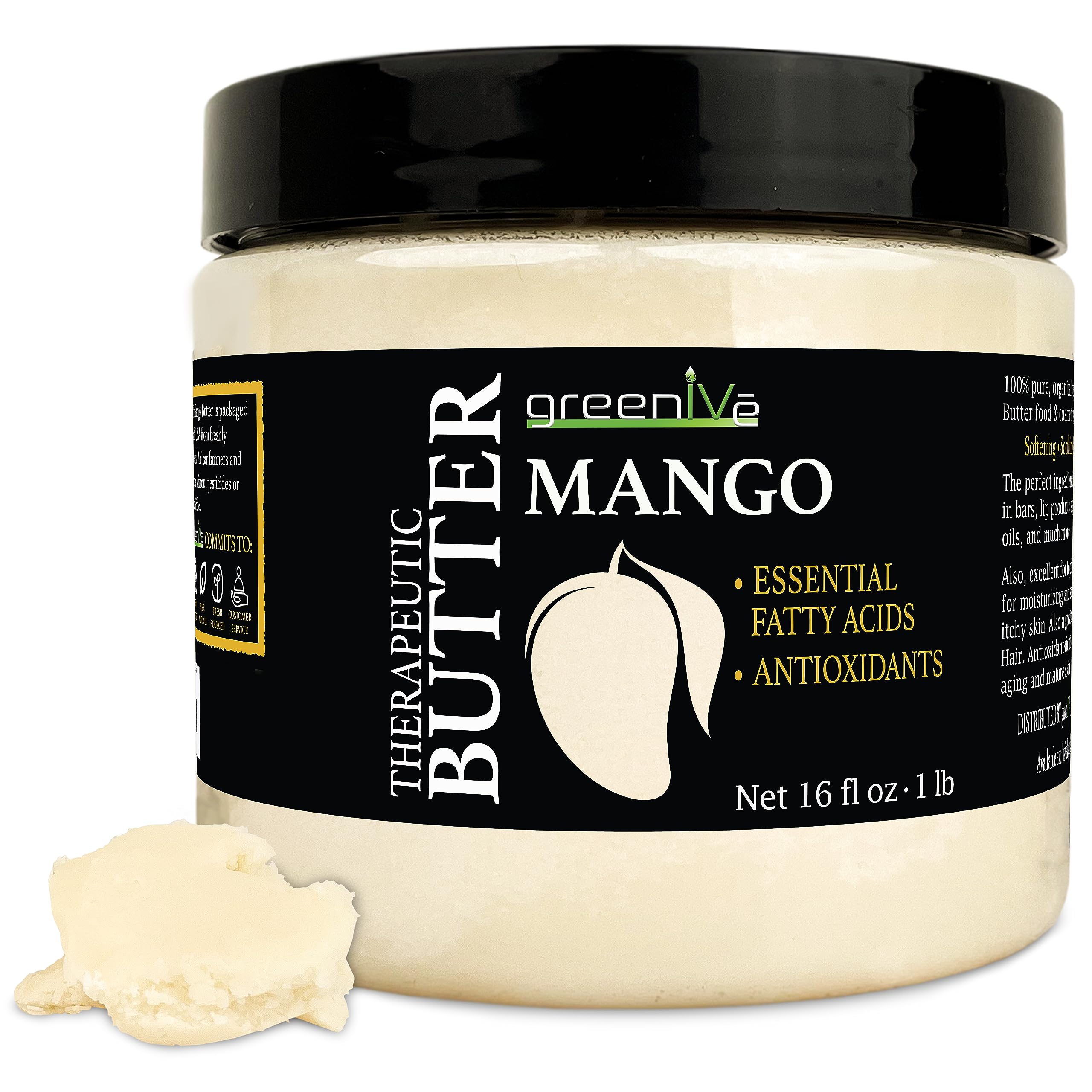 GreenIVe Deodorized Mango Butter Chuncks 100% Pure Raw Unrefined Natural Creamy Skin Hair Moisturizer Hydrating Body Butter Lotion Lip Balm Soap Making DIY Cosmetics Whipped Creams Food Grade 16oz