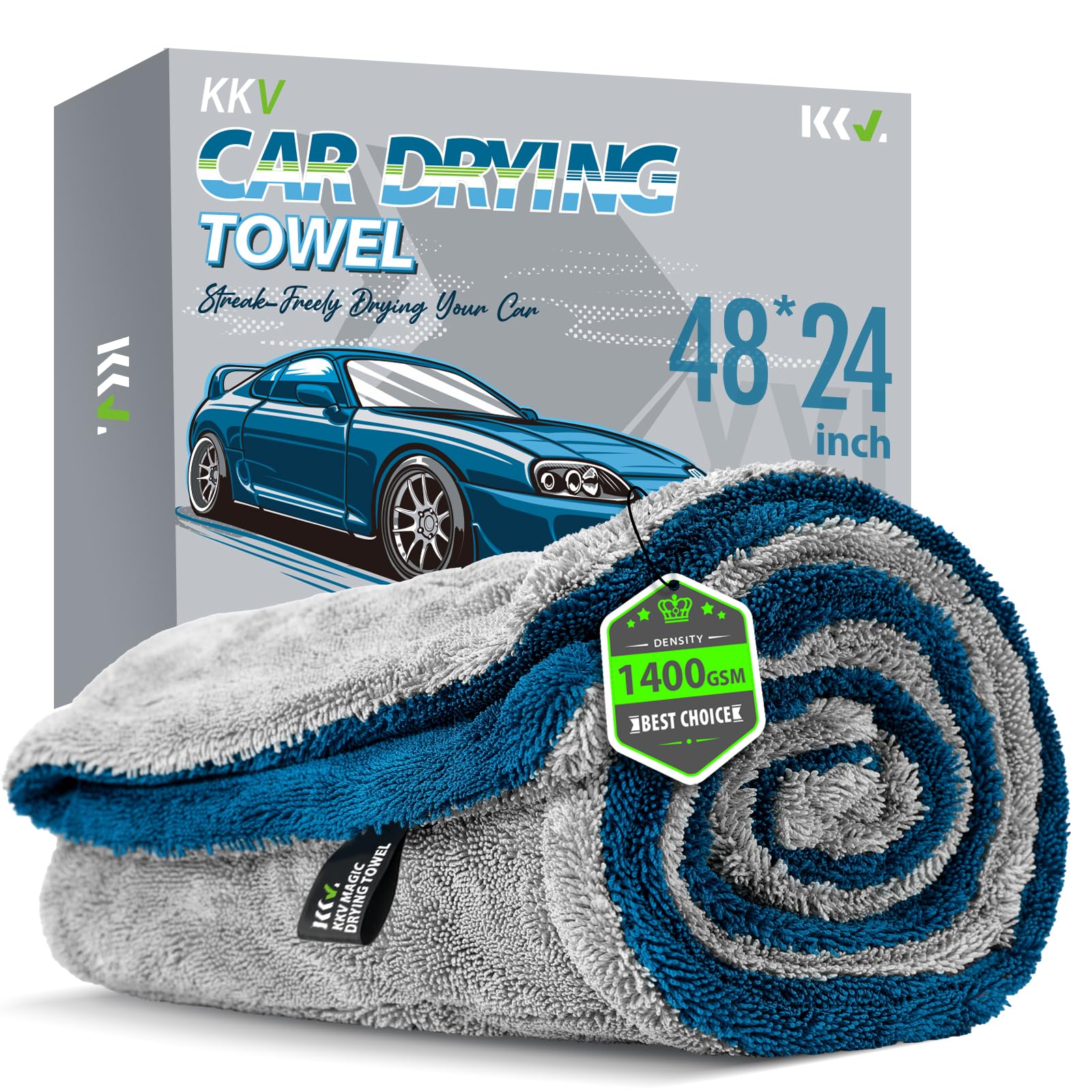 KKV Full-Sized SUV Drying Towel, 48”x24” Dual Sided Microfiber Car Cleaning Towel with Twisting Yarn Technique, 1400GSM Super Absorbent, Scratch-Free, Machine Washable (LightGrey-MarineBlue)