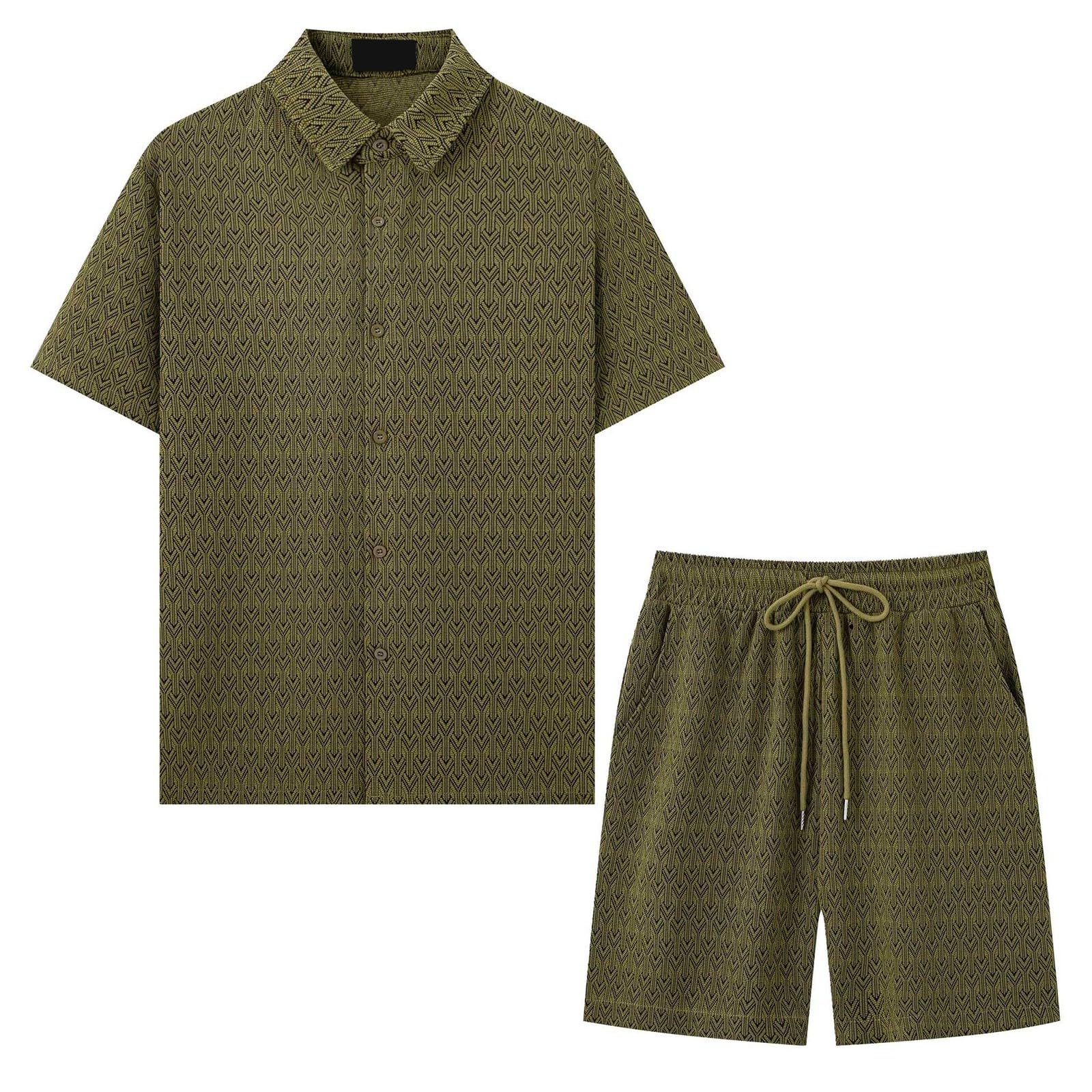 Tuta estiva da uomo, 2 pezzi, traspirante, con bottoni, con pantaloncini, leggera, per il tempo libero, con colletto a risvolto, due pezzi, in jacquard, da spiaggia
