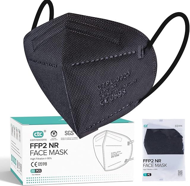 ctc connexions FFP2 Mask 20 Pack 5 Layers Protective Face Masks CE0598 Certification Filtration System 95% Disposable KN95 Masks Individually Packaged