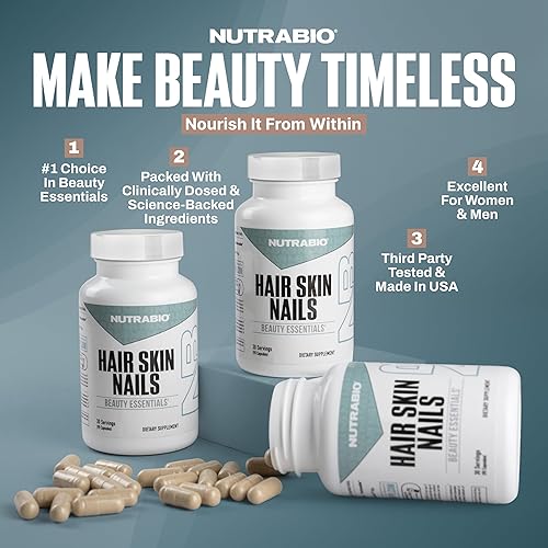 Miniatura 4 de NutraBio Vitaminas para el cabello y la piel de las uñas, soporte de colágeno mejorado, hidratación de la piel, vitaminas para el crecimiento del