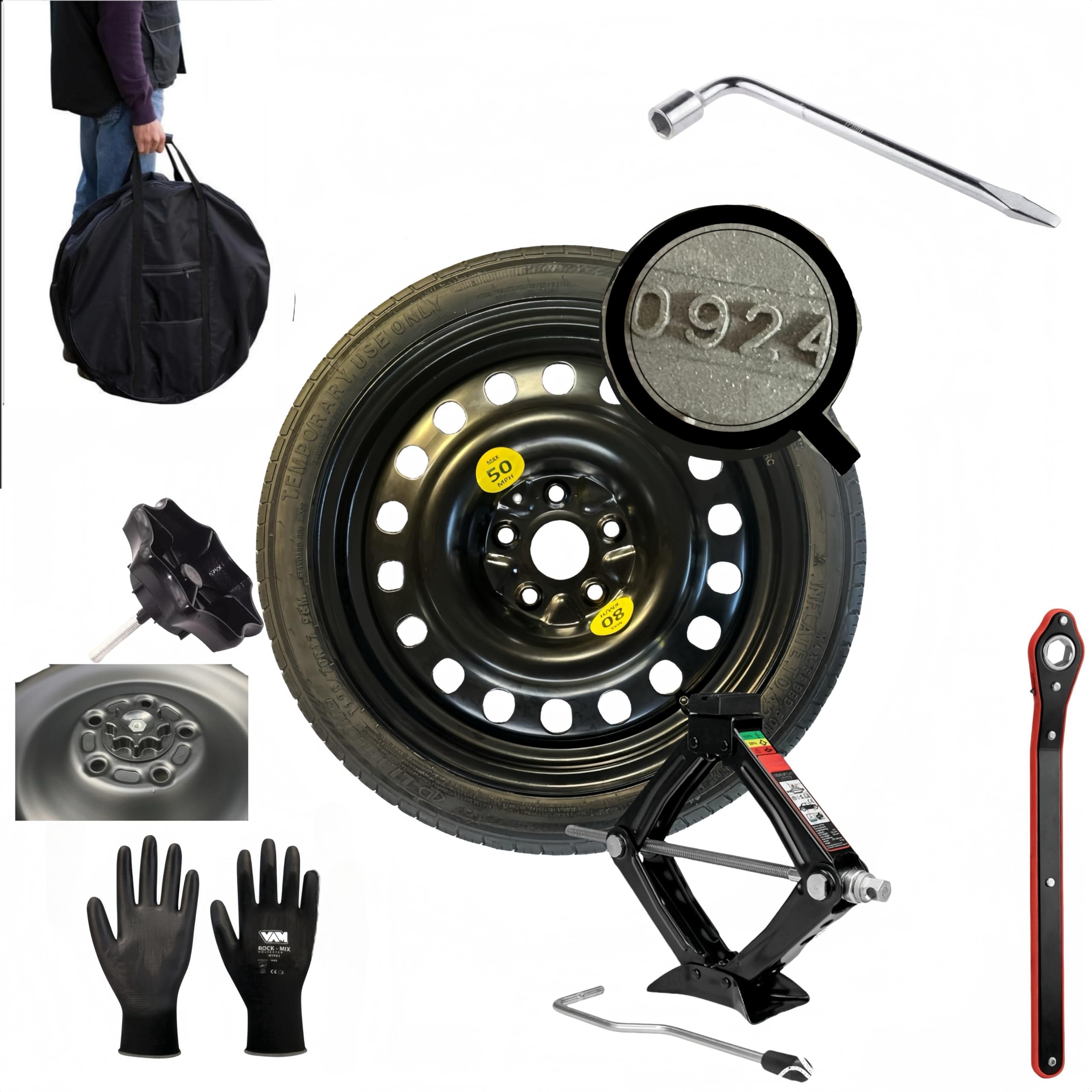 Kit Ruotino di Scorta 17" compatibile con Dacia Duster con Cric, Chiave, Vite, Guanti e Sacca 135/80R17 OE size