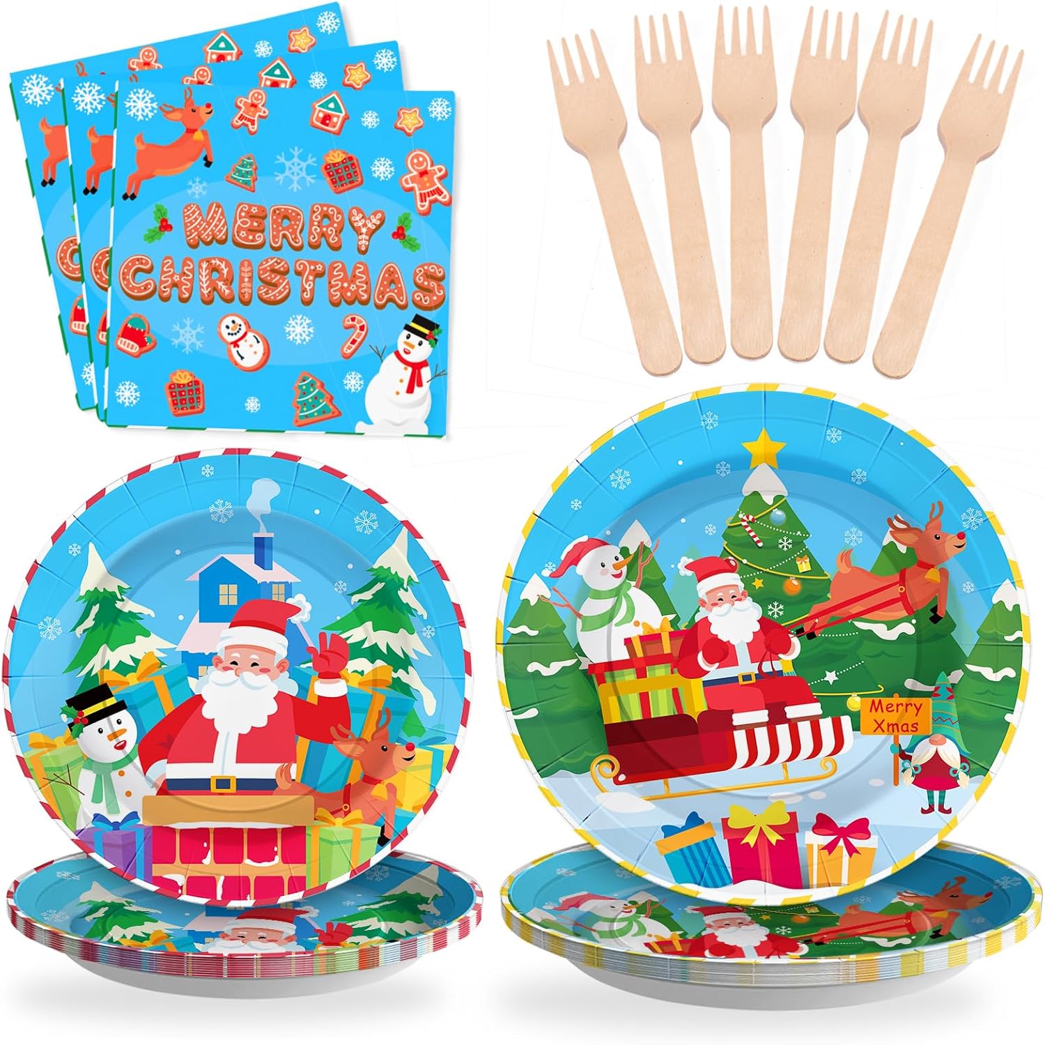 SCIONE 96PCS Christmas Party Plates Christmas Themed Dinnerware Includes Paper Plates,Napkins