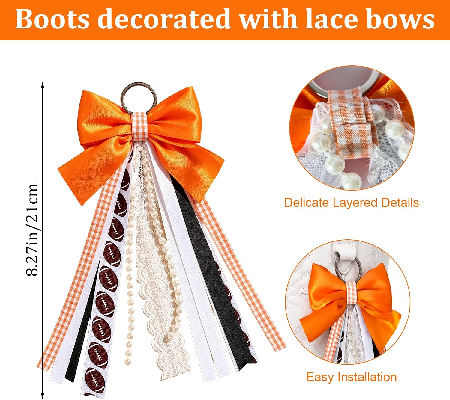 2Pcs Orange Football Boot Bows, GameDay Ribbon Bows, Cowgirl Boot Charm