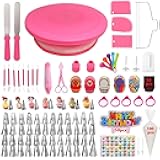 390 Pcs Cake Decorating Kit,with Cake Turntable & Leveler,48 Numbered Icing Tips,7 Numbered Korean Skirt Tips,2 Spatulas,3 Comb Scrapers,100 Pastry Bags,150 Paper Cupcake Liners