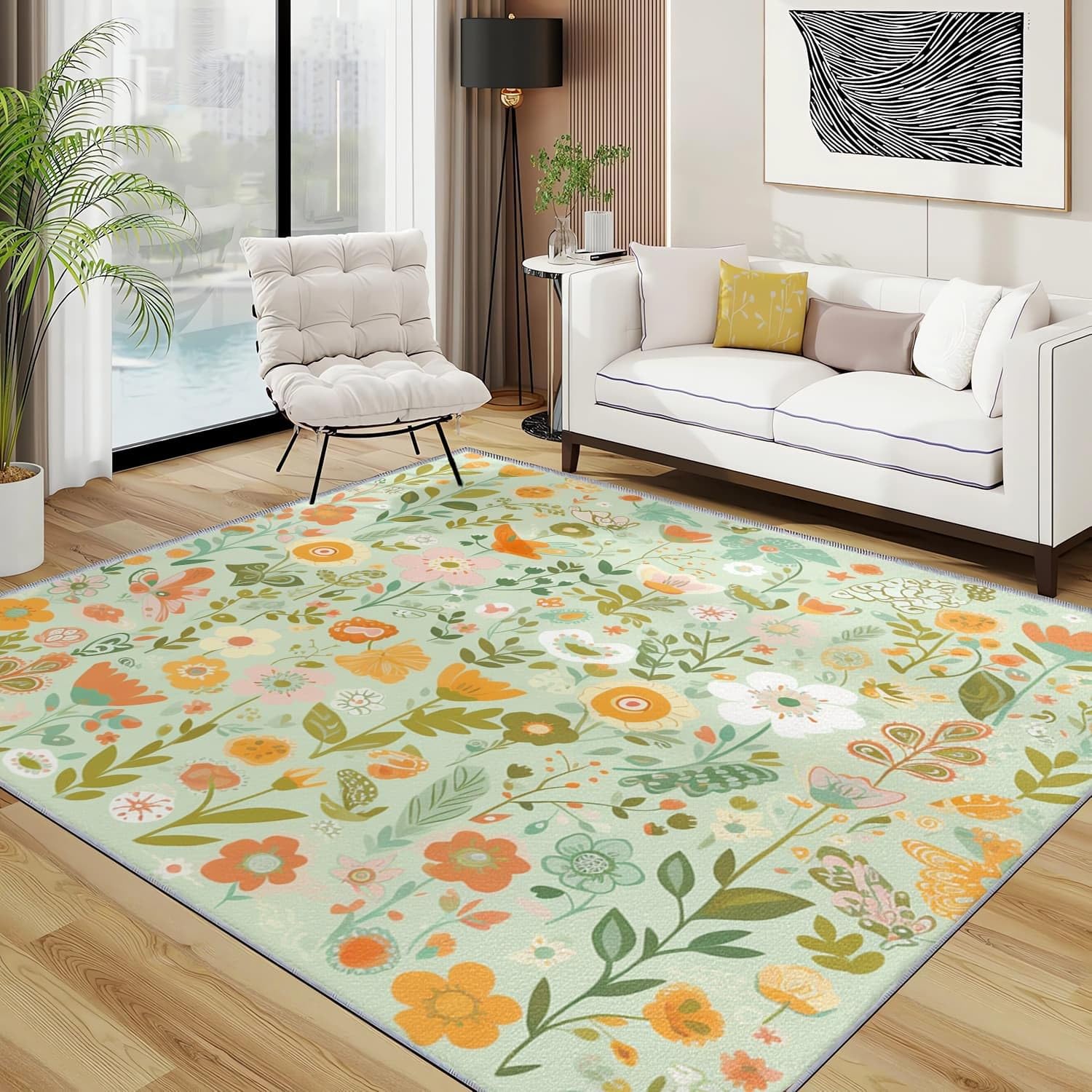 Generisch Dywan kwiatowy, motyle, stokrotki, miękki, antypoślizgowy, nadaje się do prania, 80 x 150 cm, zielony, łatwy w pielęgnacji, z krótkim włosiem, odporny na zabrudzenia, do salonu, sypialni