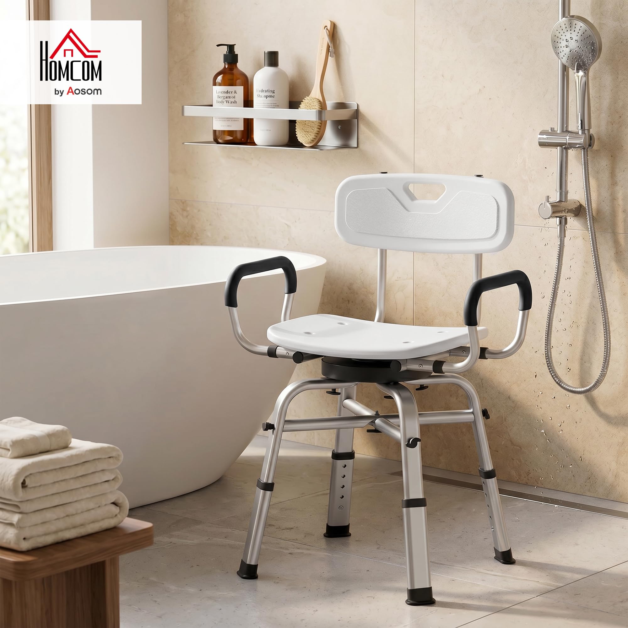 HOMCOM Sedia da Doccia Girevole 360° con Braccioli Estraibili e Schienale, Sgabello Doccia 6 Altezza Regolabile, Antiscivolo, in Lega di Alluminio, Portata 150kg, per Anziani e Disabili, Bianco