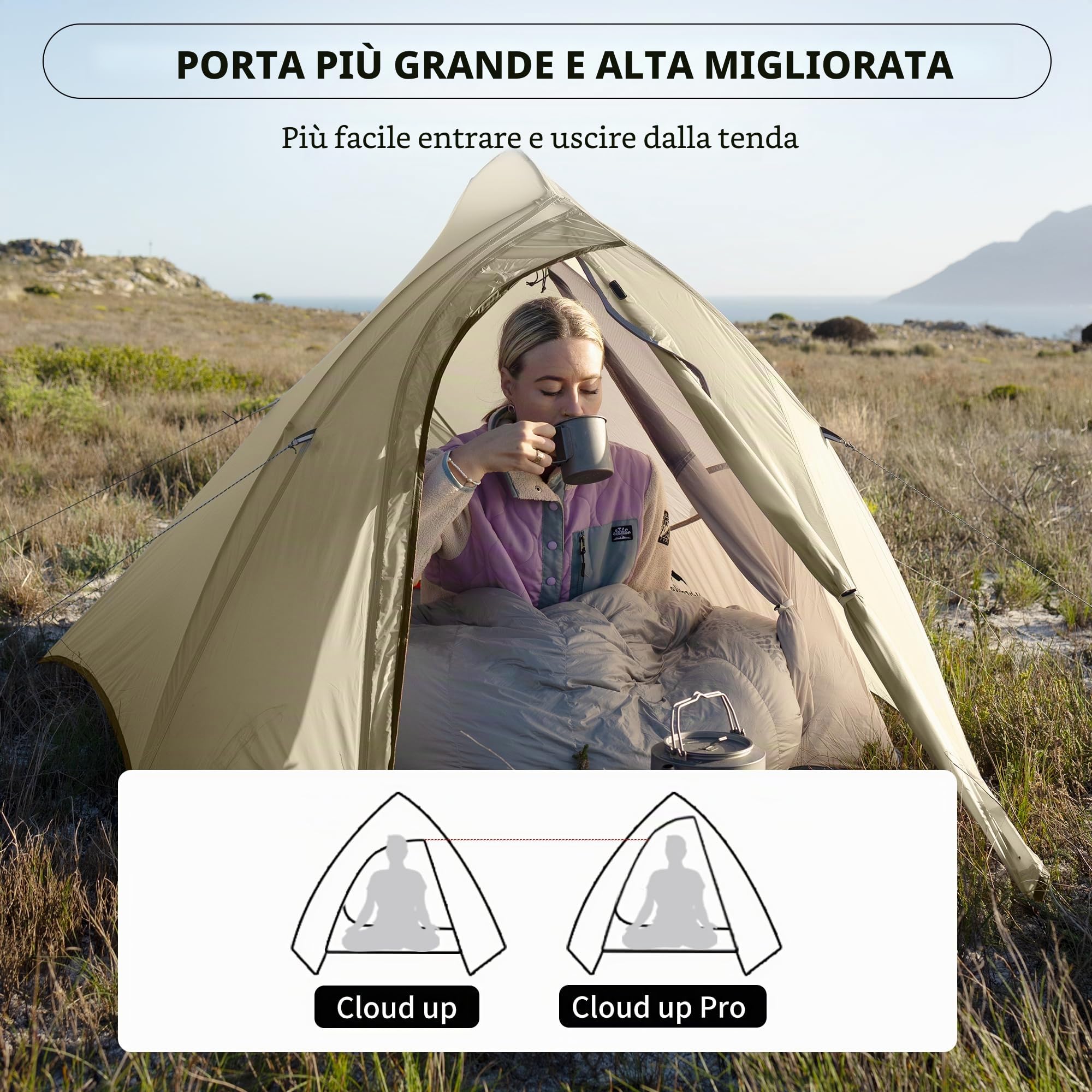 Naturehike Cloud Up Pro - Tenda da campeggio leggera per 2 persone, facile da montare, antivento e impermeabile, per attività all'aperto, viaggi, trekking (cachi/senza fluoro)