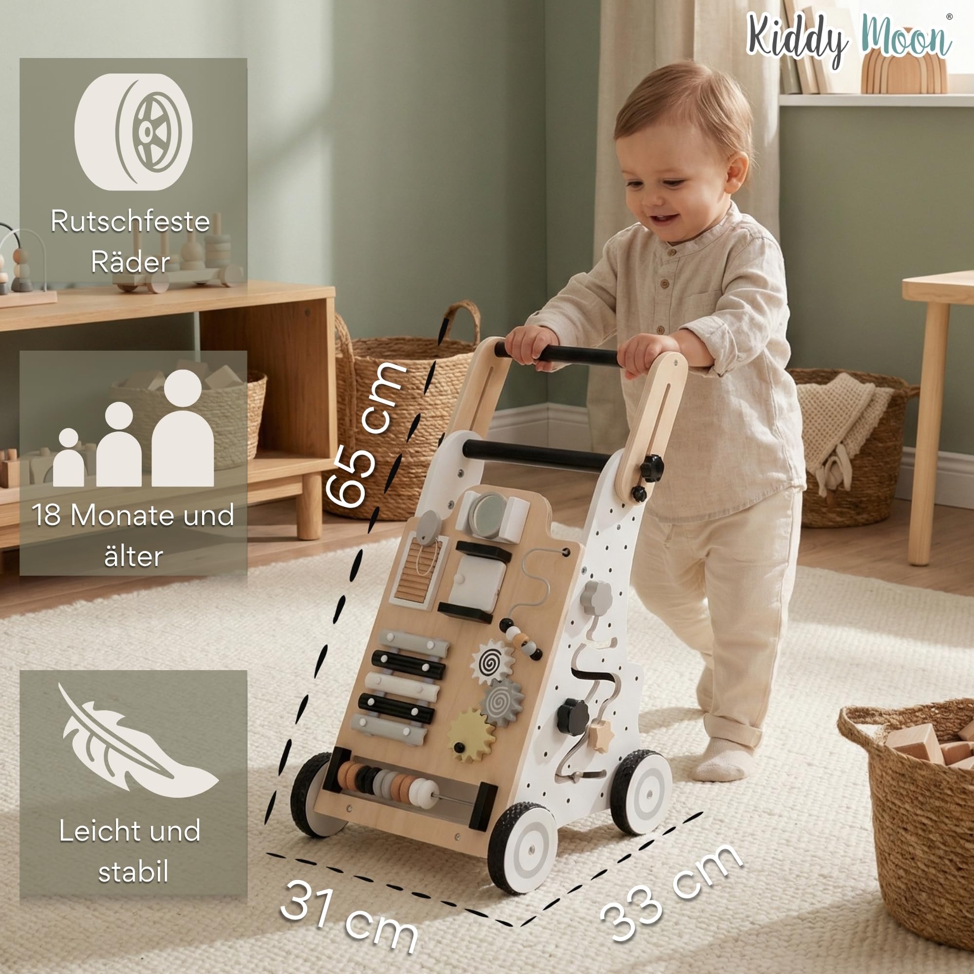 KiddyMoon Lauflernwagen Aus Holz Für Kinder Lauflernhilfe Spaß Babys, Laufen Lernen, Multifunktion Holzspielzeug Für Kleinekinder Montessori-Spielzeug WK-001, Schwarz - Weiß