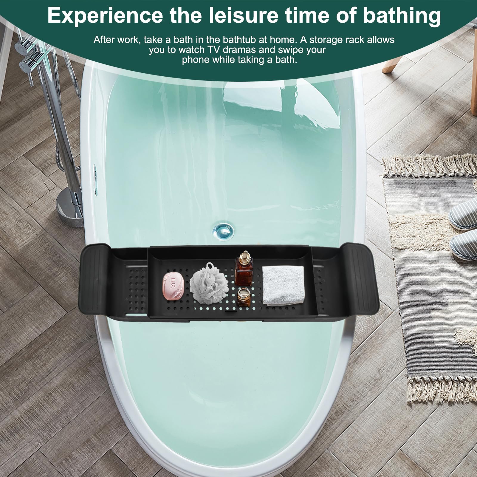 Vassoio per vasca da bagno con design di scarico, in plastica espandibile, per bicchieri da vino, tablet, aromaterapia, pettini, candele, prodotti da bagno (Nero)