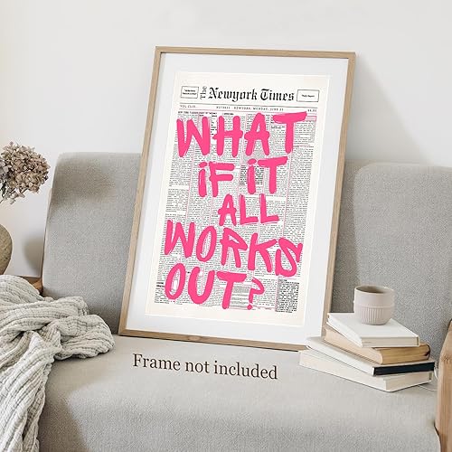 Miniatura 3 de Lienzo de periódico retro con fuente rosa, arte de pared con texto en inglés What If It All Workout, póster con cita de afirmación positiva,