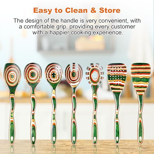 Miniatura 6 de Juego de utensilios de cocina para cocinar, 7 cucharas de cocina de madera de Pakka y espátulas con soporte para cuchara, seguro para utensilios de