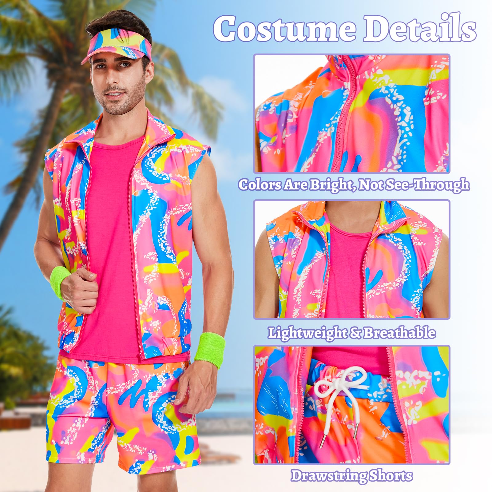 Disfraz de 7 piezas de los años 80 y 90 para mujer, disfraz de hip hop con camiseta de neón, pantalones cortos, sombrero, radio, para fiesta temática y cosplay