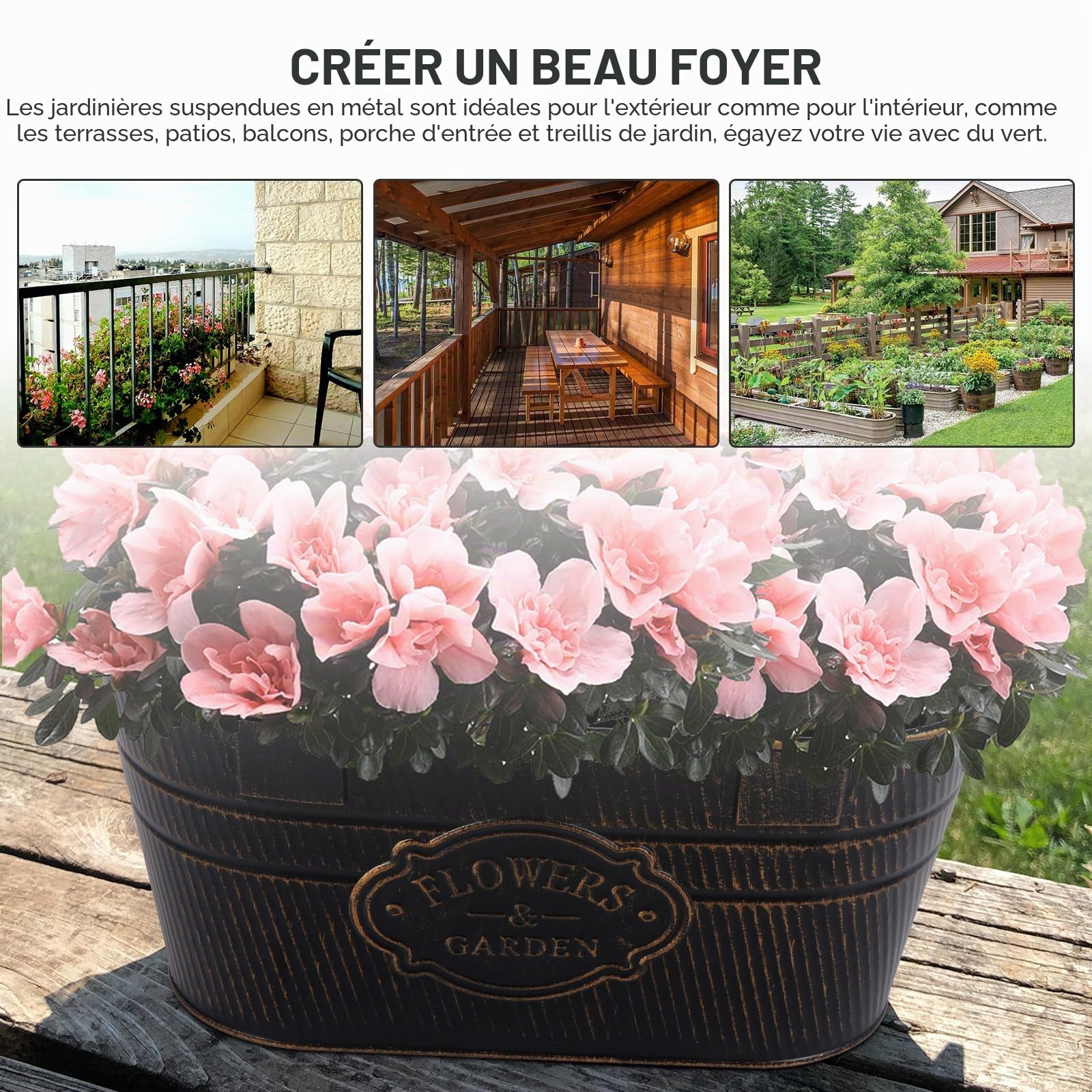 Lot de 4 Jardinières Suspendues Métal avec Crochets Amovibles pour Plantes Balcon Jardin
